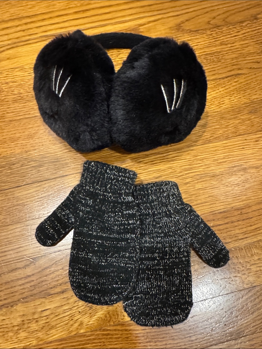 Black Faux Fur Kids Earmuffs and Knit Mittens Set